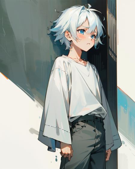 masterpiece, best quality, ultra detailing, 1 boy, upper body, ((sad, :(: 1.2))), ((front view: 1.2)), character design, white hair, short hair, blue eyes, ((white clothing)), cloth pants, white background, little boy,