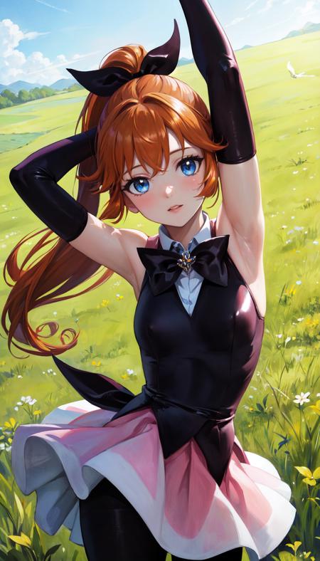 masterpiece, best quality, outdoors, grass, field,  
1girl, solo, looking at viewer, cowboy shot, long hair, ponytail, bow, ribbon, blue eyes, orange hair, hair ribbon, very long hair, brown hair, gloves, elbow gloves, skirt, magical girl, black gloves, pantyhose, bowtie, arms up, presenting armpits, armpits, 
<lora:LoRA_Haneoka:1>