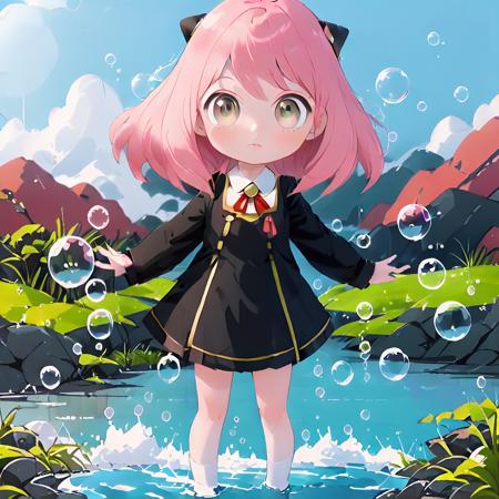 4k,a cute girl standing in water,lake,grassland,shining,surrounded by colorful bubbles,colorful,water splashing,detailed anime style,pink hair,school uniform,anya  \(spy x family\),<lora:anya  (spy x family):1>, <lora:ilacartoon-000017:0.7>