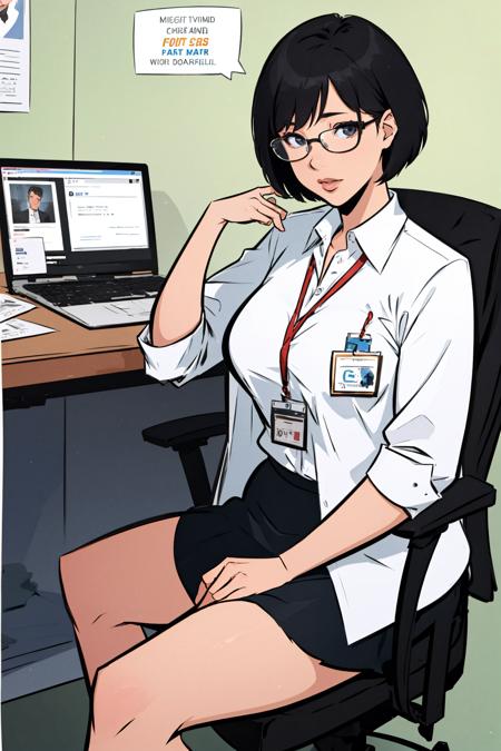 (masterpiece, best quality:1.2),  <lora:hugotendaz:1>, hugotendaz, 1girl, breasts, office lady, sitting, skirt, black hair, short hair, shirt, id card, solo, white shirt, lanyard, jacket, collared shirt, chair, large breasts