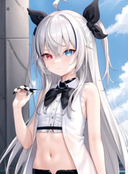 Nisha Nixyeva, 1girl, solo, long hair, oo bangs, blue eyes,red eyes,  grey hair, heterochromia, streaked hair, bow, ribbon, hair ribbon,two side up, hair between eyes, very long hair, ahoge,