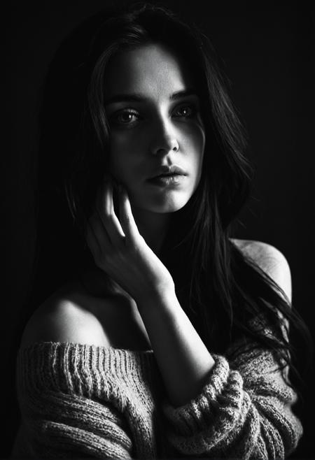 A high-contrast black and white portrait of a beautiful woman with long dark hair, wearing an off-shoulder sweater, resting one hand against her face, soft lighting, moody and cinematic atmosphere, expressive eyes, realistic fine-art photography style