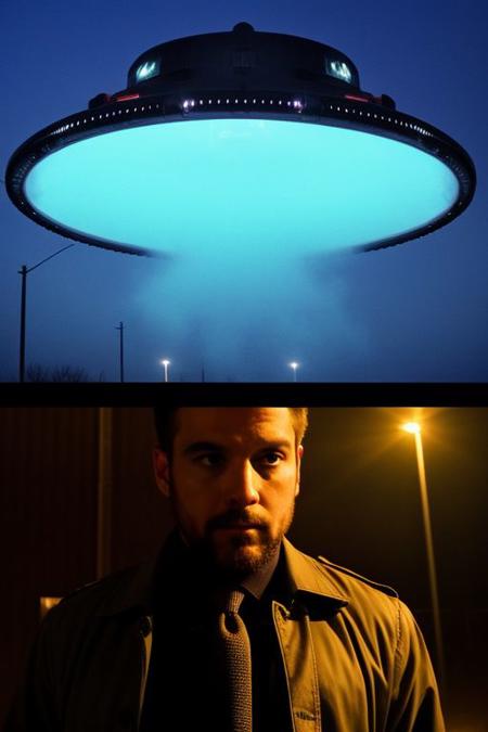 security footage frame,  fog, night, volumetric, industrial building, UFO shadow, closeup of man in trenchcoat