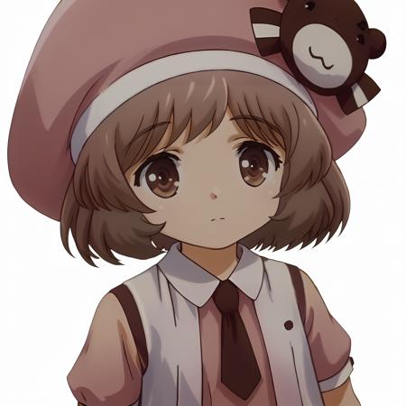 SakuraAmatsuka,1girl,brown hair,short hair,brown eyes, pink_hat, pink_dress,white vest,necktie,