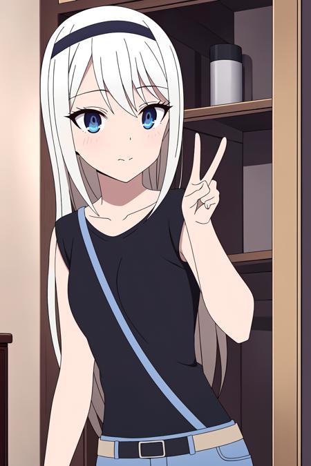 ((best quality)),((highly detailed)),masterpiece,absurdres,detailed face,beautiful face,(detailed eyes, deep eyes),(1girl),((dynamic pose)),  <lora:Kei_V1.4:0.7>Kei, 1girl, solo, blue eyes, long hair, hairband, shirt, black shirt, bag, bangs, short sleeves, upper body, indoors, grey hair, black hairband, closed mouth, breasts, white hair, jeans, peace sign,