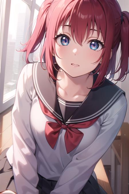 rubykurosawa, <lyco:rubykurosawa-lyco-nochekaiser:1>, 
ruby kurosawa, aqua eyes, medium hair, red hair, two side up, twintails, (flat chest:1.2), 
BREAK black socks, bow, bowtie, brown footwear, buttons, grey sailor collar, grey skirt, loafers, long sleeves, miniskirt, pleated skirt, sailor collar, school uniform, serafuku, shirt, shoes, skirt, uranohoshi school uniform, white shirt, winter uniform, yellow bow, yellow bowtie,
BREAK looking at viewer, 
BREAK indoors, classroom, 
BREAK <lyco:GoodHands-beta2:1>, (masterpiece:1.2), best quality, high resolution, unity 8k wallpaper, (illustration:0.8), (beautiful detailed eyes:1.6), extremely detailed face, perfect lighting, extremely detailed CG, (perfect hands, perfect anatomy),