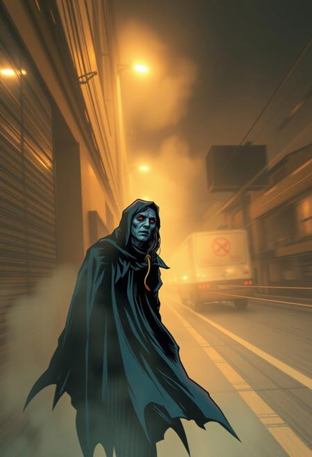A long-exposure photograph depicting an urban legend's despair, creating a soft, dreamy atmosphere. Hazy, soft light, captures motion or light trails, with clean linework, bold colors, precise ink strokes, strong contrasts, and intense expressions in a comic book style.