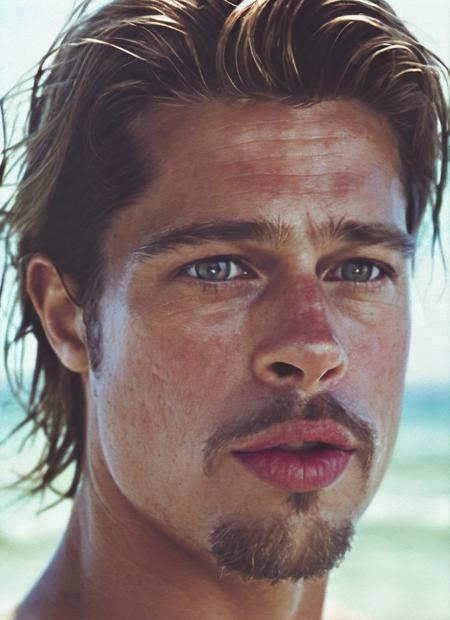 analog style, modelshoot style, photo of beautiful sks person, hyper realistic photograph, detailed face,film grain, Kodak portra 800, f1.8, intricate, at the beach, <lora:locon_bradpitt_v1_from_v1_64_32:1.25>