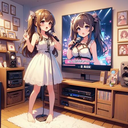 karaoke machine wired singing holding a mic subtitle on TV manga bookcase sofa carpet poster curtain wooden floor bare feet