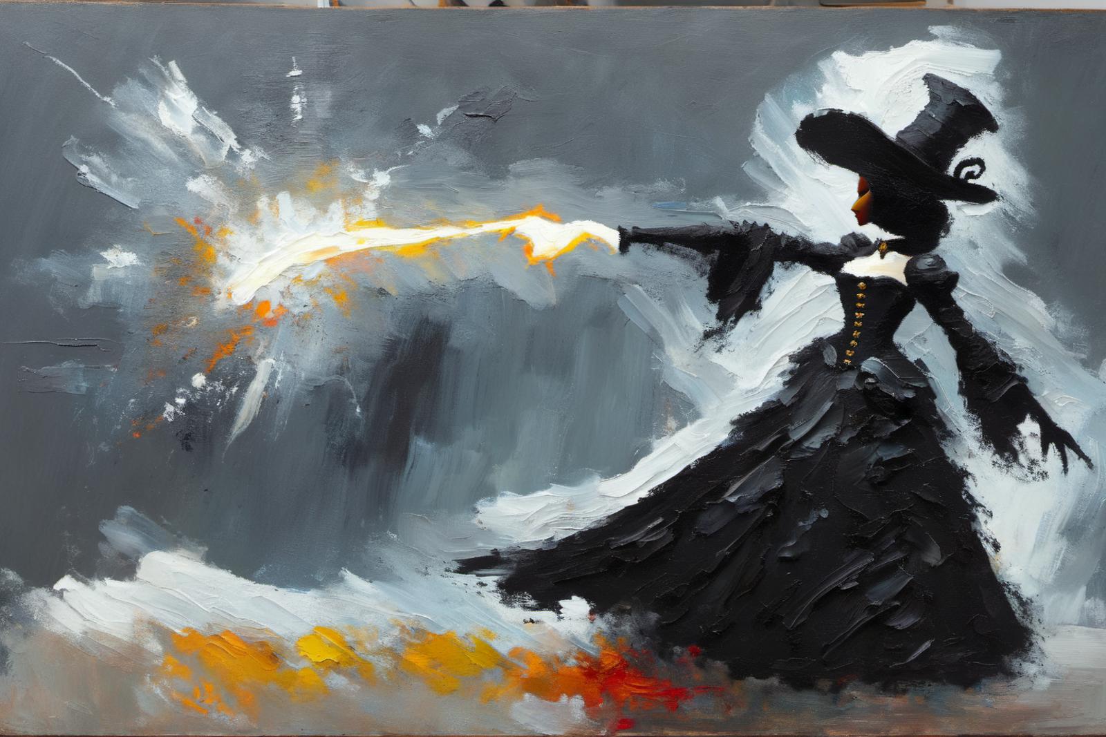 A painting of a witch with a wand, casting a spell on a stormy sky.