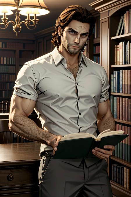 ((ultra detailed, masterpiece, best quality))
 <lora:WolfBigby:0.8>
WolfBigby, 1boy, solo, muscular, In a cozy, well-lit library, reading a book while dressed in classic, refined attire