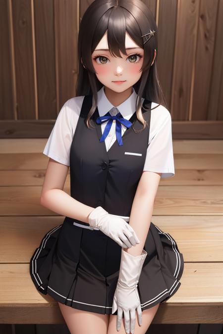 (masterpiece, best quality:1.2), <lyco:kancolle_oyashio-10:1.0>, cowboy shot, solo, 1girl, oyashio, slight smile, looking at viewer, sitting, hairclip, black vest, white shirt, blue ribbon, neck ribbon, short sleeves, black skirt, pleated skirt, white gloves