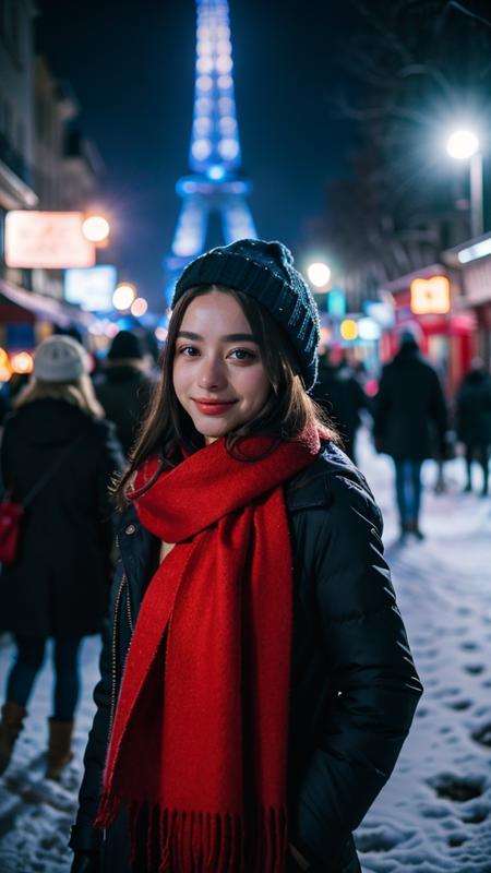 realistic photograph of dasha_taran, pretty face, looking at viewer, detailed eyes, smile, cute, blonde hair, she is stand among snow, wearing (winter coat, scarf, gloves, hat ,made of cotton),eiffel tower in the background, warm light decoration, scene set in Paris on winter, bokeh, portrait, sharp focus on eye, low light, night street lamp, shot with dslr f/1.4, blurry background, <lora:Light and Shadow:0.4>, <lora:Dasha-000006:0.8>, <lora:backlight_slider_v10:-1> (Add lightsource to front)