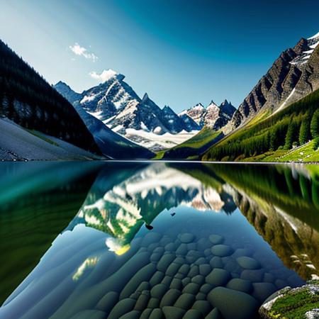 mountain, lake, clear water, best quality, alpine mountains, mountain village, photorealistic, realism,
