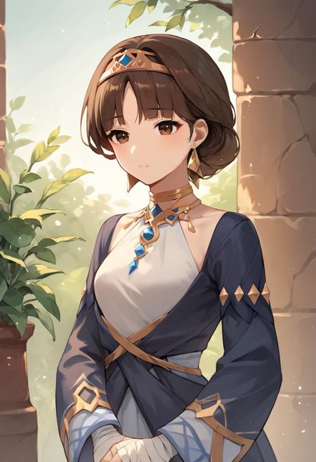 dunyarzad brown hair, brown eyes, tiara, jewelry, earrings bandages, bandaged hands, dress, halterneck, long sleeves aged down long hair, brown hair, green eyes, tiara, jewelry dress, puffy sleeves, long sleeves, jacket