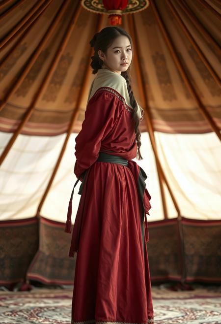 1girl, Mongolian girl, full body shot, standing inside, in the middle of a Mongolian tent, medieval, beautiful upper class dress, in the process of undressing, starting to take her dress off, sideboob, seen from behind, face turned, looking sideways, subtle smile, unaware of being watched