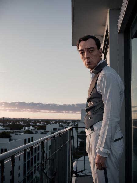 <lora:Buster Keaton-3.0a:1> <lora:oblivint-v1.0:1> oblivion, portrait of buster keaton, standing on a balcony, screenshot
