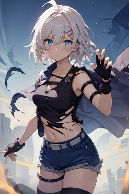 KianaWoA, 1girl, solo, short hair, blue eyes, shirt, hair ornament, gloves, navel, hair between eyes, bare shoulders, medium breasts, collarbone, white hair, ahoge, shorts, sleeveless, black gloves, hairclip, midriff, belt, fingerless gloves, crop top, torn clothes, kneehighs, black shirt, short shorts, sleeveless shirt, thigh strap, denim, blue shorts, denim shorts, torn shirt