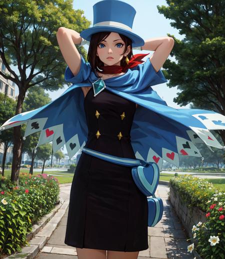 masterpiece, best quality, outdoors, grass, field, flower field,
minukidef, 1girl, solo, looking at viewer, upper body, arms behind head, hands behind head,
hat, top hat, jewelry, cape, blue headwear, earrings, scarf, gloves, white gloves, dress, spade (shape), club (shape), diamond (shape), heart, boots,
<lora:LoRA_Minuki:1>,