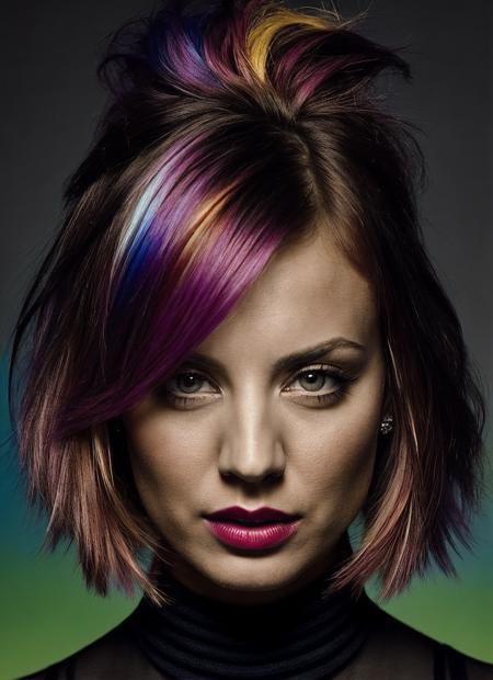 portrait of sks woman by Flora Borsi, style by Flora Borsi, bold, bright colours, rainbow Mohawk haircut, ((Flora Borsi)), <lora:locon_kaleycuoco_v1_from_v1_64_32:1>