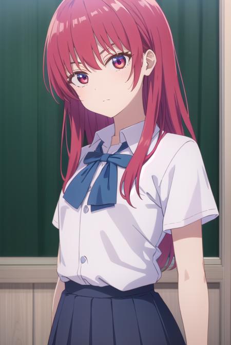 sakisaki, <lora:saki saki s2-lora-nochekaiser:1>,
saki saki, long hair, bangs, (red eyes:1.3), red hair,
BREAK skirt, shirt, bow, school uniform, white shirt, short sleeves, pleated skirt, bowtie, blue skirt, 
BREAK indoors, classroom,
BREAK looking at viewer, (cowboy shot:1.5),
BREAK <lyco:GoodHands-beta2:1>, (masterpiece:1.2), best quality, high resolution, unity 8k wallpaper, (illustration:0.8), (beautiful detailed eyes:1.6), extremely detailed face, perfect lighting, extremely detailed CG, (perfect hands, perfect anatomy),