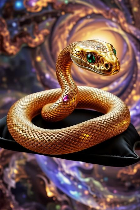 a metallic snake with glowing rubins and diamonds, on a black pillow, shiny and expensive, elegant and rich in detail.  The snake is glowing with hues of gold, emerald, and violet. The scene is set in a surreal, cosmic environment, with a swirling vortex of colors and abstract shapes that appear both organic and celestial.