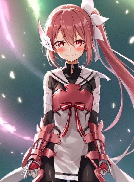 <lora:Yuuki_Yuna-10:0.8>,Yuuki_Yuna, 1girl, solo, blush, hair ornament , gloves,dress, ribbon, hair between eyes,(very long hair), ponytail, pink hair, boots, shorts, (pink eyes:1.5),white dress, armor, side ponytail,magical girl, bike shorts, gauntlets,smile,((upper body)),