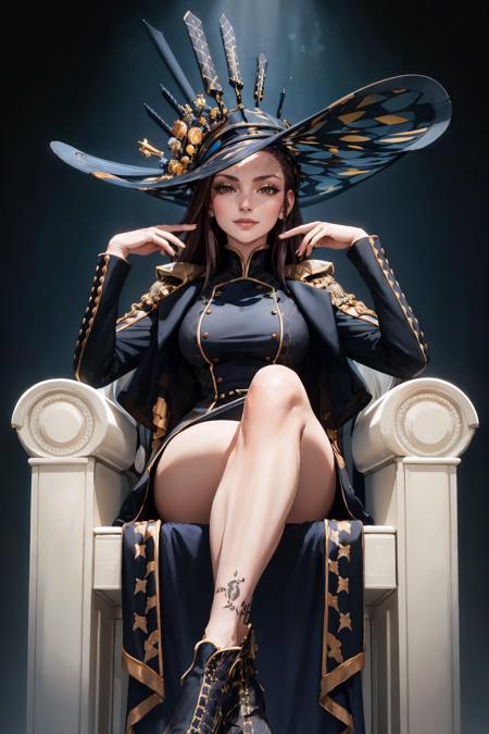 masterpiece, best quality, <lora:fsrdorothea-nvwls-v1-000009:0.8> fsrdorothea, hat, black dress, jacket on shoulders, leg tattoos, large breasts, chair, mansion, throne, sitting, from below, black footwear, looking at viewer, smirk