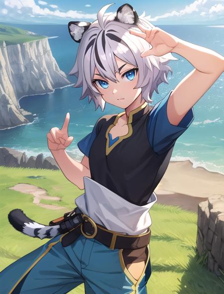 best quality, masterpiece, highres, detailed, digital illustration, <lora:Detail - add_detail:0.2>, FohlFayon, tiger boy, tiger tail, two-toned hair, white hair, black hair, tiger ears, jojo pose, <lora:Character - FohlFayon:0.8>, short hair, blue eyes, blue pants, blue shirt, ocean, cliffs, grass,