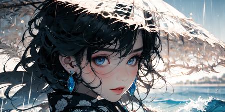 (masterpiece:1.2), best quality,PIXIV,Chinese ink painting,ink wash painting,
1girl, black hair, earrings, solo, blue eyes, jewelry, gloves, looking at viewer, rain, close-up, portrait, umbrella, long hair, eyelashes, black gloves, hair between eyes, gem, holding, lips, bangs, water drop
 <lora:Chinese ink painting_20230725220724-000018:1>