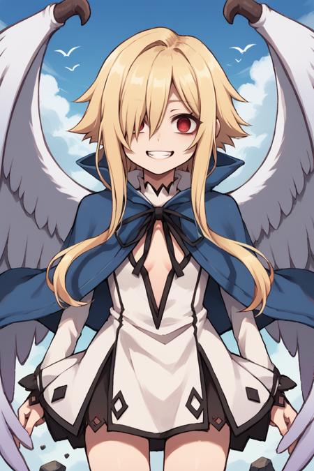 thrdef, 1girl, orange hair, long hair, medium hair with long locks, (hair over one eye), blue eyes, wings, black wings, feathered wings, dress, white dress, short dress, blue cloak, popped collar, neck ribbon, black ribbon, center opening, long sleeves, thighlet, boots thrdef, 1girl, blonde hair, long hair, medium hair with long locks, (hair over one eye), red eyes, wings, white wings, feathered wings, dress, white dress, short dress, blue cloak, popped collar, neck ribbon, black ribbon, center opening, long sleeves, thighlet, boots