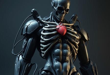 Create a highly detailed, 3D render of a muscular, male undead cyborg with exposed bones and black armor, in the style of Beksinski, Moebius, and Greg Rutkowski. The cyborg should be connected to heart machines, have a large bust, and be depicted in a dark, eerie atmosphere reminiscent of the Souls series. Incorporate elements of Transmetal II and Berserk, and ensure the artwork is SFW. The style should be a mix of remodernism and cyber octane render, with an Unreal Engine aesthetic. The final output should be a large, intricate artwork.