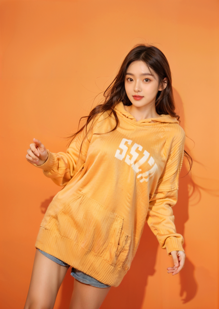 ((smile)), ((simple background, orange background)), ((oversize long sleeve sweater)), blue jean shorts, (masterpiece),((ultra-detailed)), (highly detailed CG illustration),(expressionless), (best quality:1.2),(1girl:1.2),High quality texture, intricate details, detailed texture, High quality shadow, brown eye pupil, depth of field, perspective,20s, (big eyes:1.2),blush, glossy lips, perfect body, lean body, (narrow waist:1.3), large breast, distinct_image, (lustrous skin), solo focus, (brown hair), (streaked hair), ((long hair)), <lora:add_detail:0.5>, <lora:GoodHands-vanilla:1>,  <lora:FilmVelvia3:0.5>,   <lora:éµå¯:1>