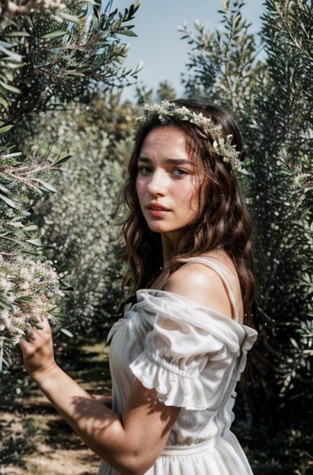 RAW photo,strafed woman in a white dress,((worried and sad)),olive branch on head, olive grove, elegant ancient greek dress, ancient white dress, emilia clarke as a greek goddess, margot robbie as a greek goddess, emma watson as a greek goddess, inspired by Theophanes the Greek, ancient greek style,8k uhd, dslr, soft lighting, high quality, film grain, Fujifilm XT3 <lora:InstantPhotoX3:0.6> <lora:more_details:0.6> <lora:emotions_lora:0.6>