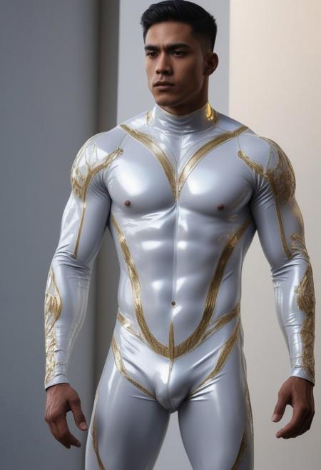 two strong slender 24-year-old latino bodybuilder  males, with a short curtains haircut, detailed face, confused expressions, wearing a skin tight white transparent latex cybernetic suits with light-gray, silver and gold latex details, wearing skin tight transparent white latex jockstraps over his transparent  latex suits, standing at attention posture,  on a modern university, looking to the camera, detailed face, Cinematic, Photoshoot, Shot on 25mm lens, Depth of Field, Tilt Blur, Shutter Speed 1/1000, F/22, White Balance, 32k, Super-Resolution, Pro Photo RGB, Half rear Lighting, Backlight, Dramatic Lighting, Incandescent, Soft Lighting, Volumetric, Conte-Jour, Global Illumination, Screen Space Global Illumination, Scattering, Shadows, Rough, Shimmering, Lumen Reflections, Screen Space Reflections, Diffraction Grading, Chromatic Aberration, GB Displacement, Scan Lines, Ambient Occlusion, Anti-Aliasing, FKAA, TXAA, RTX, SSAO, OpenGL-Shader s, Post Processing, Post-Production, Cell Shading, Tone Mapping, CGI, VFX, SFX, insanely detailed and intricate, hyper maximalist, elegant, dynamic pose, photography, volumetric, ultra-detailed, intricate details, super detailed, ambient
