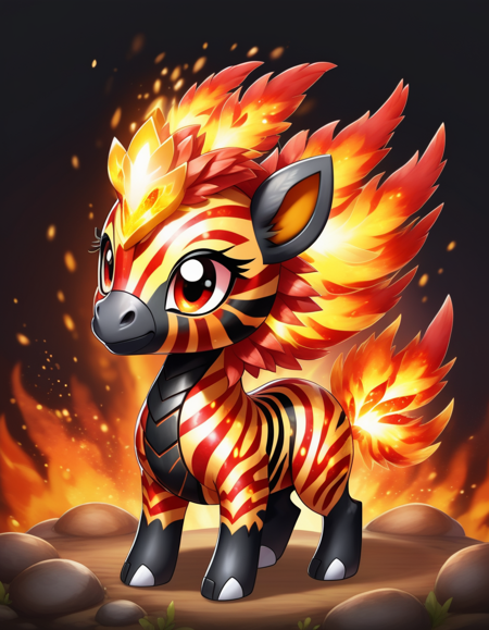 a fantasy hybrid creature,chibi adorable elemental fire zebra, pokemon, fakemon, mane of fire, elemental, sparkling colors, red and orange, highly detailed, beautiful lighting, ethereal, mystical, 8k, vibrant colors, beautiful backlighting,<lora:FaeStyle:1>