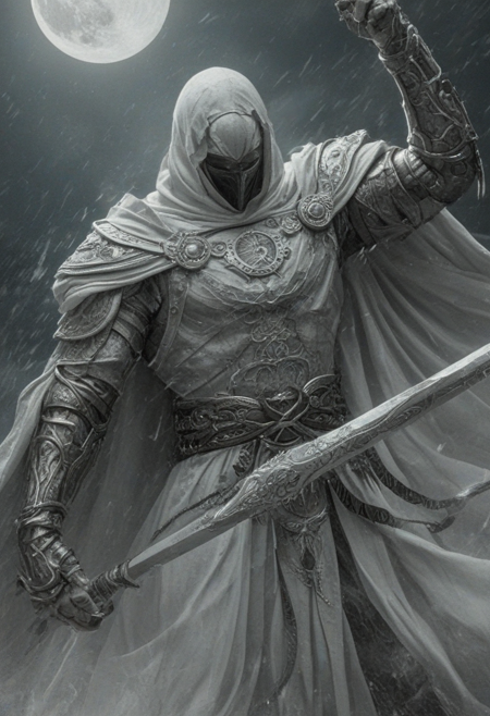 A closeup of fantastical image of a moon knight, clad in flowing, flowing robes, wielding an ornate, ornate blade. Their eyes are filled with power and determination, as they wield the sword in a fluid, dynamic motion. The moon's reflection highlights their magical power