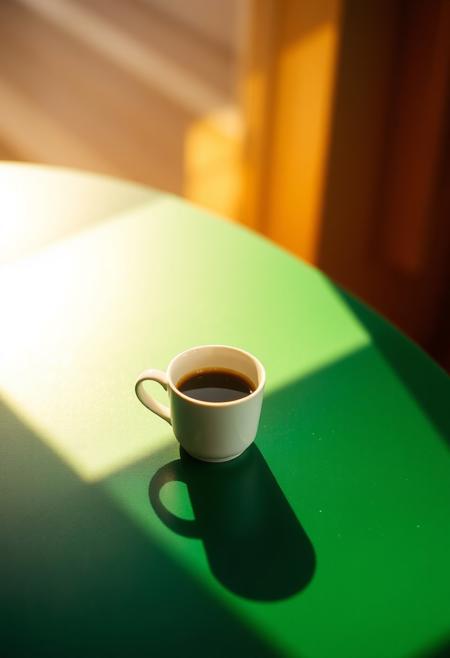 A small espresso cup sits on a green table bathed in warm natural light, casting a long, soft shadow with delicate light refractions. The atmosphere is artistic and serene, the composition is minimalist, the aesthetics are vintage, and the lighting is cinematic with golden hour tones, and the texture and mood are ultra-realistic.