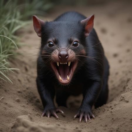 very realistic photograph of a rabid tasmanian devil coming out of its burrow