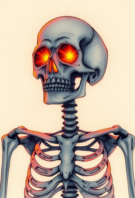single continuous minimal ink drawing skeleton with glowing eyes, warm orange and pink hues casting a beautiful glow, cinematic lighting, detailed digital painting by Aaron Blaise and Robert Bateman and Carl Runguis, 4k resolution, hyperrealistic rendering, ethereal atmosphere