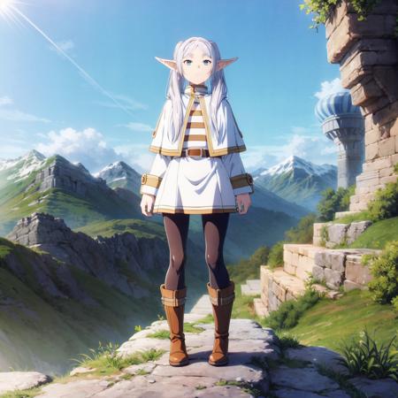 <lora:Frieren002:0.7>,<lora:add_detail:1>,<lora:boldline:-0.8>,<lora:noline:0.3>,expressionless,
Frieren,1elfgirl,
capelet,jacket,striped shirt,
belt,white skirt,
pantyhose,
boots,
mountain,nature,morning sun,