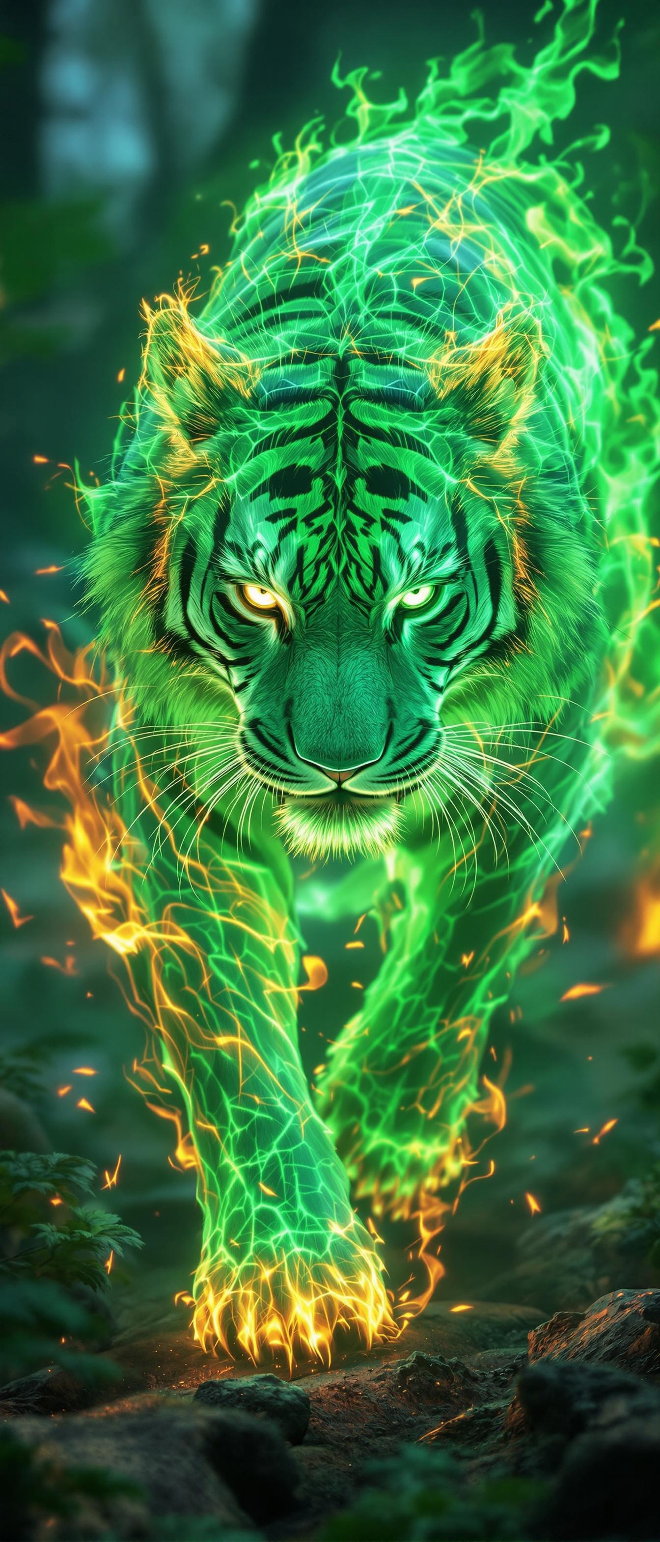 A tiger made entirely from swirling supernatural flames, staring directly at the camera with glowing yellow and green eyes. Orange and yellow flames dance at the base of the creature, while green energy emanates from within its body, creating an intense glow that illuminates the dark forest background and rocky terrain and foliage at the bottom of the scene.