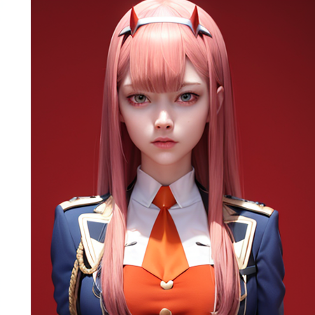 ultra realistic 8k cg, picture-perfect face, flawless, clean, masterpiece, professional artwork, 1girl, zero two, uniform, military uniform, red jacket, orange necktie, upper body, <lora:qqq-zero_two-v1:0.8>