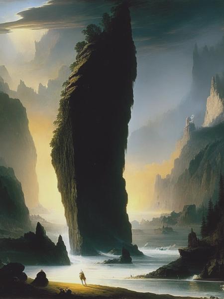 <lyco:JohnMartin:1.0> surreal mythological scene, Sublime scene, surreal intensity, powerful contrast, stunning lighting, gothic horror, gigantic creature shape in the haze, Peder Balke, Albert Bierstadt, John Martin