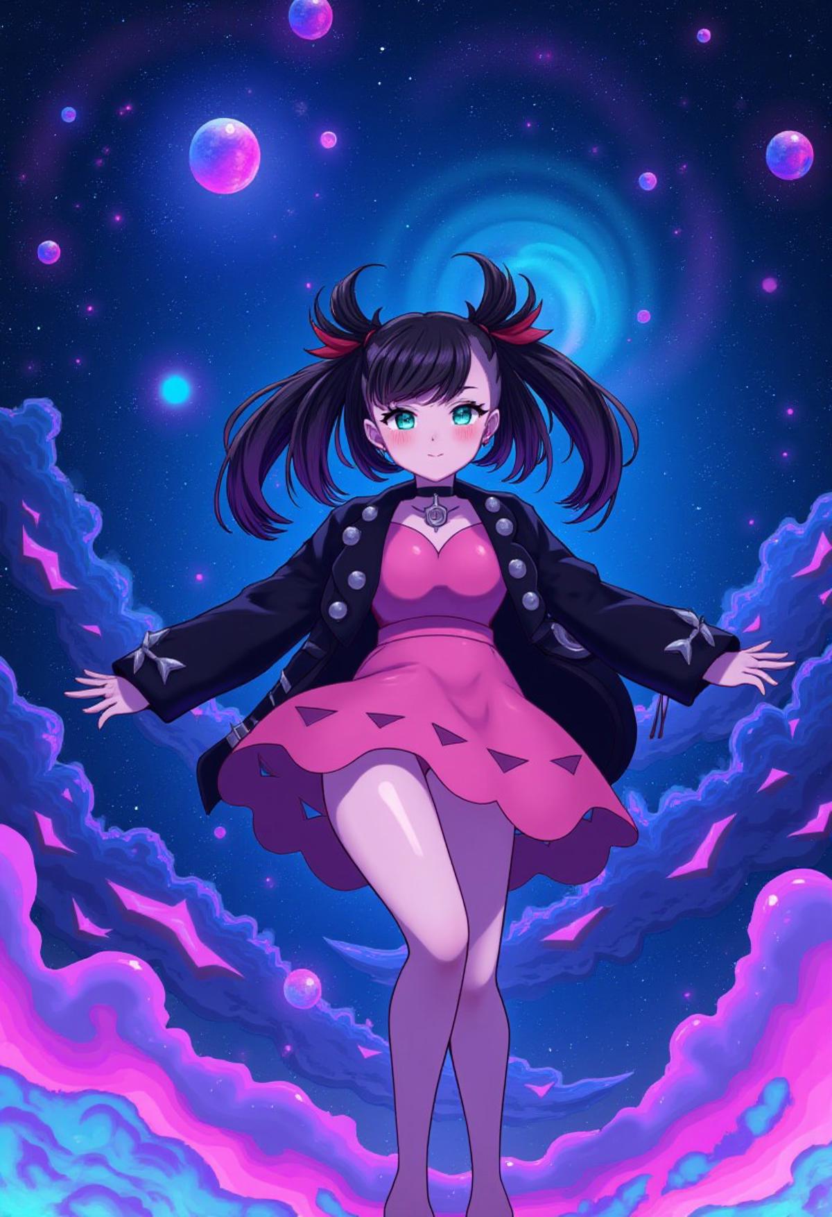 The background is a swirling, neon-colored cosmic landscape with vivid hues of swirling colors like cold blues and glowing purples and glowing geometric shapes, creating a mesmerizing, dreamlike effect. 
At the center of the image floats , zzMarnie with aqua eyes wearing a choker, pink dress and black jacket. She is curvy and has a body shape like a playboy model. She is blushing and smiling at you. 
The overall feel should be playful, cosmic-themed with that sparks the desire to explore space and fills you with a sense of hope and wonder.