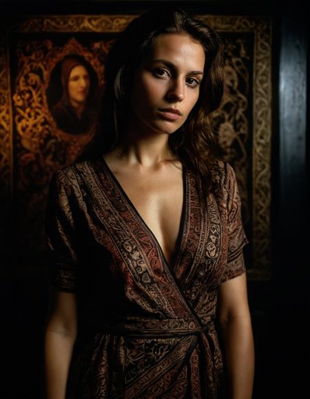 lewd, slutty, photograph, portrait, intricate background, close up of a (Sahar:1.2) , Sahar is wearing a Wrap dress, her Wrap dress is contrasting colors and has Mathematical images on it, art by Bill Henson, Contemporary photography, moody and atmospheric portraits, exploration of light and shadow, provocative themes, gothic, fine detail, great light, ambient background, imposing, magical