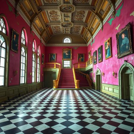 A liminal space inside Peach’s Castle from Super Mario 64. The large, open entry hall with its checkered floors is silent and still, the bright, colorful walls now faded and worn. The grand staircase, flanked by golden banisters, leads upwards, but the steps feel far too distant, as if the upper floors are unreachable. The tall, arched windows cast long shadows, and the once vibrant paintings on the walls seem to hang lifelessly, their subjects distant and indifferent.
The air is thick and quiet, and the usual echo of footsteps now feels unnaturally loud in the emptiness. The corridors stretch out, but their paths seem endless, as if the space is larger than it should be, with no sense of direction or purpose. The familiar and welcoming atmosphere of the castle now feels abandoned, as if it’s suspended in time, creating an overwhelming sense of solitude and unease. The stillness is oppressive, and it’s impossible to shake the feeling of being alone in an empty, forgotten place.