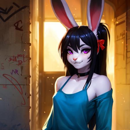 fantasy atmosphere,young slim anthro athletic (bunny:1.35), (light purple eyes), (bangs:1.3), (black hair:1.2), (very long high ponytail:1.1), (perfect face:1.1),(perfect eyes:1.1), oversized black t-shirt, black lipstick, medium breasts, eyelashes, graffiti, black choker, hair ribbons, smooth,intricate detailed, unreal engine, render, uploaded on e621, blushing, satisfied suggestive smile, blender render, cute, adorable, (fluffy colored fur body), relaxed, (fur), realistic eyes, light particles, sexy suggestive pose , medium shot, by Jock Sturges, by Sally Mann, [by Pino Daeni], [by Ruan Jia], by Shiitakemeshi, [by Alayna Lemmer], [by Carlo Galli Bibiena],by Greg Rutkowski, by Jeremy Lipking, by Antonio Manzanedo