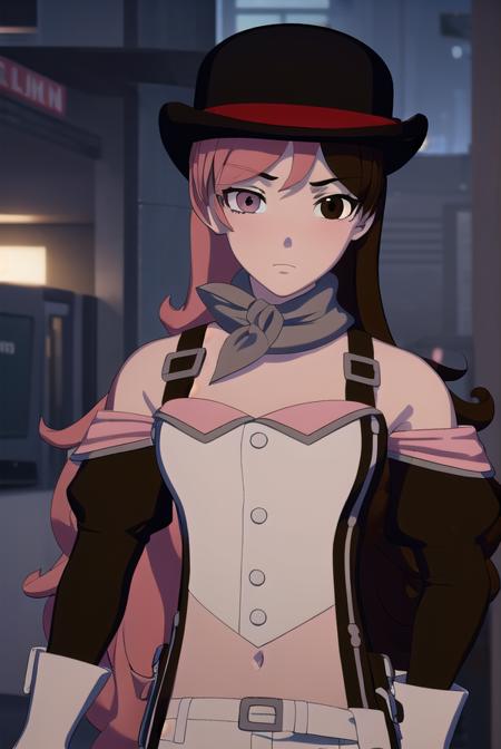 neopolitan, long hair, brown hair, (brown eyes:1.3), pink hair, multicolored hair, pink eyes, two-tone hair, (heterochromia:1.2), split-color hair, gloves, hat, navel, brown eyes, detached sleeves, midriff, belt, pants, white gloves, black headwear, bowler hat,