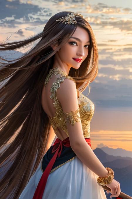 anime style, (masterpiece, best quality, ultra-detailed, highres), perfect face, sidelighting, lustrous skin,(bloom), (shine), lighting, ray tracing, sci-fi, city, outdoor, 1girl, solo, breasts, green eyes, red hair, long hair, weapon,lipstick, large breasts, gloves, makeup,  lips,  rainbow hair, long hair, signature, red lips, smile, upper body, holding, looking at viewer, depth_of_field, very detailed background, highly detailed background, Masterpiece, Ultra detailed, great composition,Dynamic angle,[Bottle bottom],(wide shot), extremely delicate and beautiful,(Highest picture quality), (Master's work), (fantasy), depth of field, solo,Beautiful girl,extreme light and shadow, masterpiece, rich in detail, (fine features), (highest quality), (masterpiece), (detailed eyes), (beautiful) detailed girl,beautiful detailed eyes,(straight-on), full body,(extremely detailed CG unity 8k wallpaper),(masterpiece), (best quality), (ultra-detailed), (best illustration),(best shadow), perfect lighting , perfect anatomy, solo, close to camera , pov